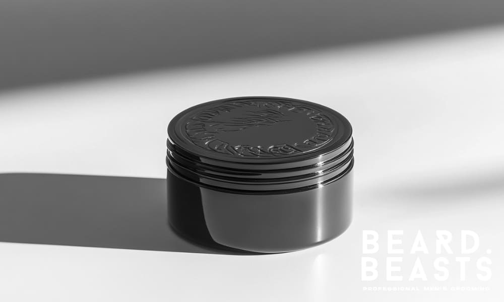 A sleek black container of Beard Beasts Matte Hair Clay resting on a minimalist white and gray background. The container features subtle embossed branding on the lid, highlighting the premium quality of the men's grooming product.