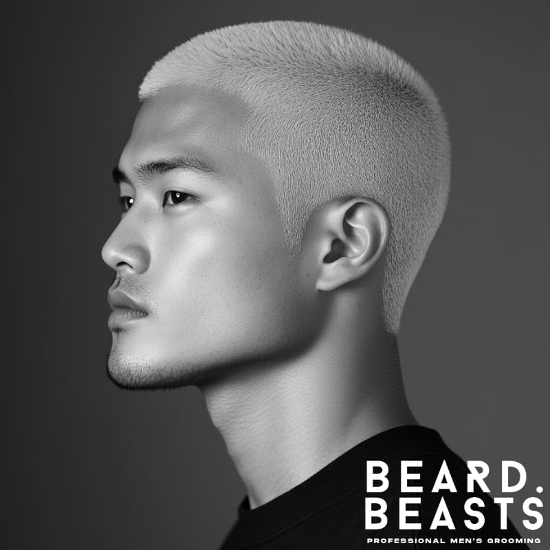 A bold and stylish black and white portrait of an Asian man with a platinum blonde buzz cut, featuring an even, short length that contrasts sharply with his natural features. The striking hair color enhances his defined jawline and high cheekbones, creating a modern and fashion-forward look. His confident expression and sleek black outfit add to the sophisticated, high-end aesthetic. The monochromatic background keeps the focus on the crisp details of the haircut and the smooth texture of his hair. The Beard Beasts logo reinforces the brand’s dedication to premium men's grooming and contemporary style.