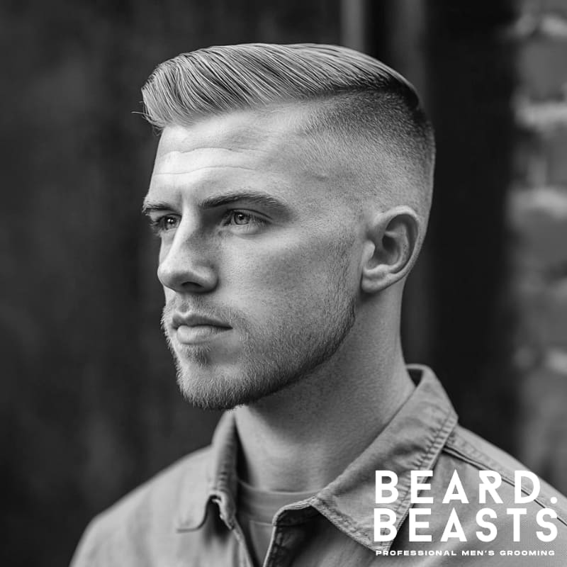 A stylish man with a blonde comb over haircut, featuring a neatly swept top with a clean fade that seamlessly blends into the sides. The structured yet natural styling highlights the texture of his hair, giving it a modern and effortlessly refined appearance. His well-groomed beard adds definition to his jawline, complementing the sharp lines of the haircut. Dressed in a casual button-up shirt, he exudes confidence and sophistication against an urban backdrop. The