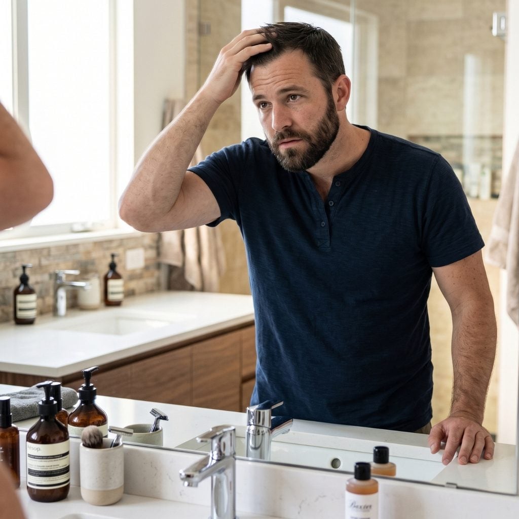 Man blow-drying his hair while lifting the roots to create more volume.