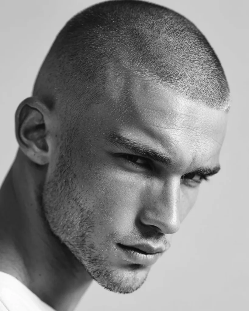 buzz cut and beard with heavy stubble at 5-6mm, black and white portrait
