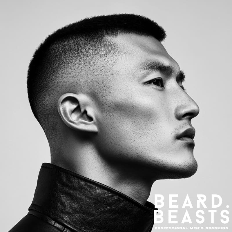 A bold black and white portrait of an Asian man with a buzz cut fade, featuring a seamlessly blended taper on the sides and a slightly longer textured top. His sharp jawline and defined cheekbones are accentuated by the clean, structured haircut. The contrast between the fade and the darker hair on top creates a striking, modern aesthetic. Dressed in a sleek black leather jacket, he exudes confidence and sophistication. The Beard Beasts logo in the bottom right corner reinforces the brand’s dedication to premium men's grooming and contemporary style.