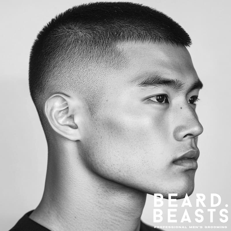 A high-contrast black and white portrait of an Asian man with a buzz cut featuring a drop fade, blending seamlessly from a slightly longer textured top into a smooth, tapered fade around the ears and neckline. His sharp facial features, including a strong jawline and defined cheekbones, are accentuated by the clean and precise haircut. The soft lighting enhances the depth and texture of his hair, giving the style a polished yet effortless look. His confident gaze and minimalistic black outfit contribute to a sleek, modern aesthetic. The Beard Beasts logo reinforces the brand’s commitment to premium men's grooming and contemporary style.