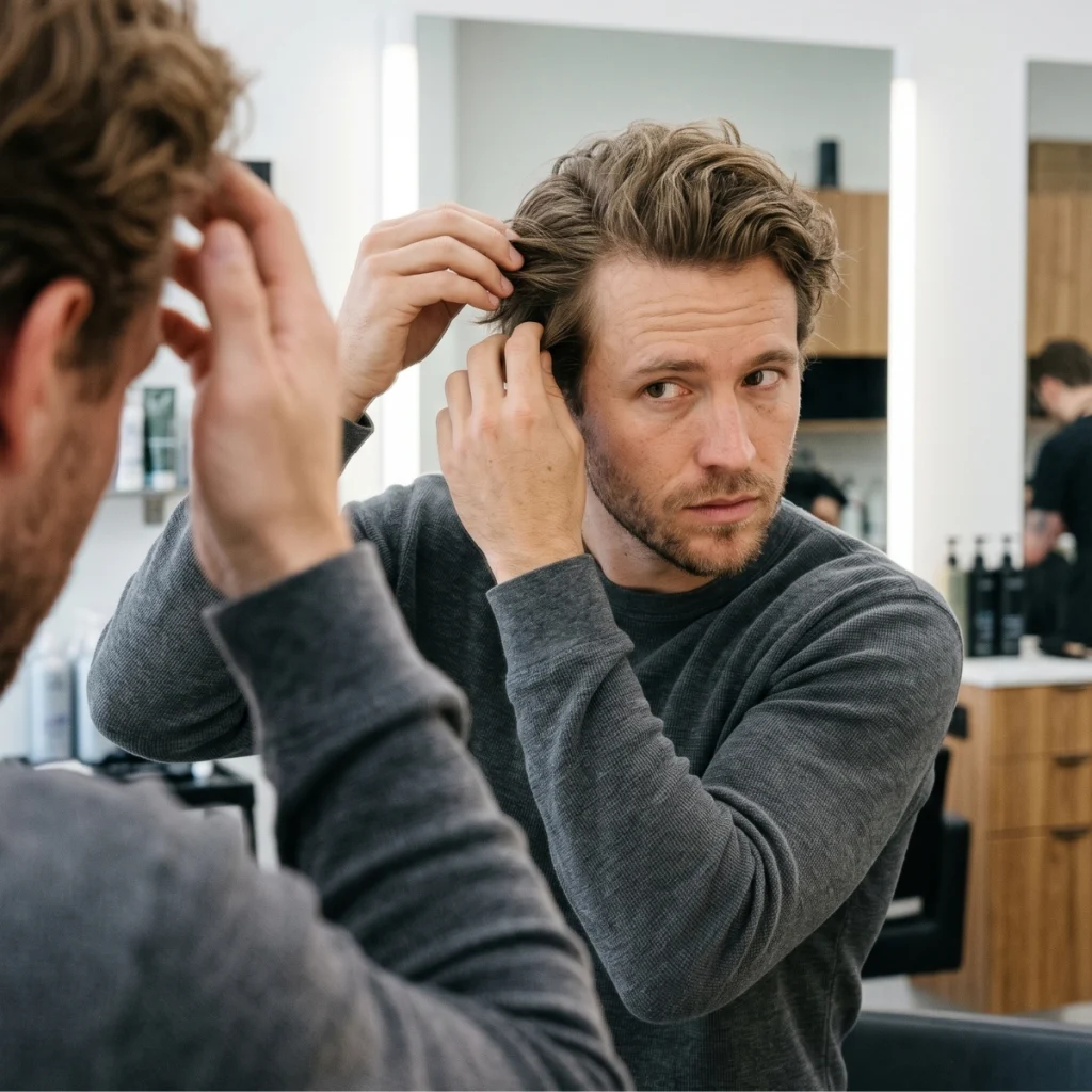 Man checking his natural hair texture and density in a mirror before choosing a haircut.
