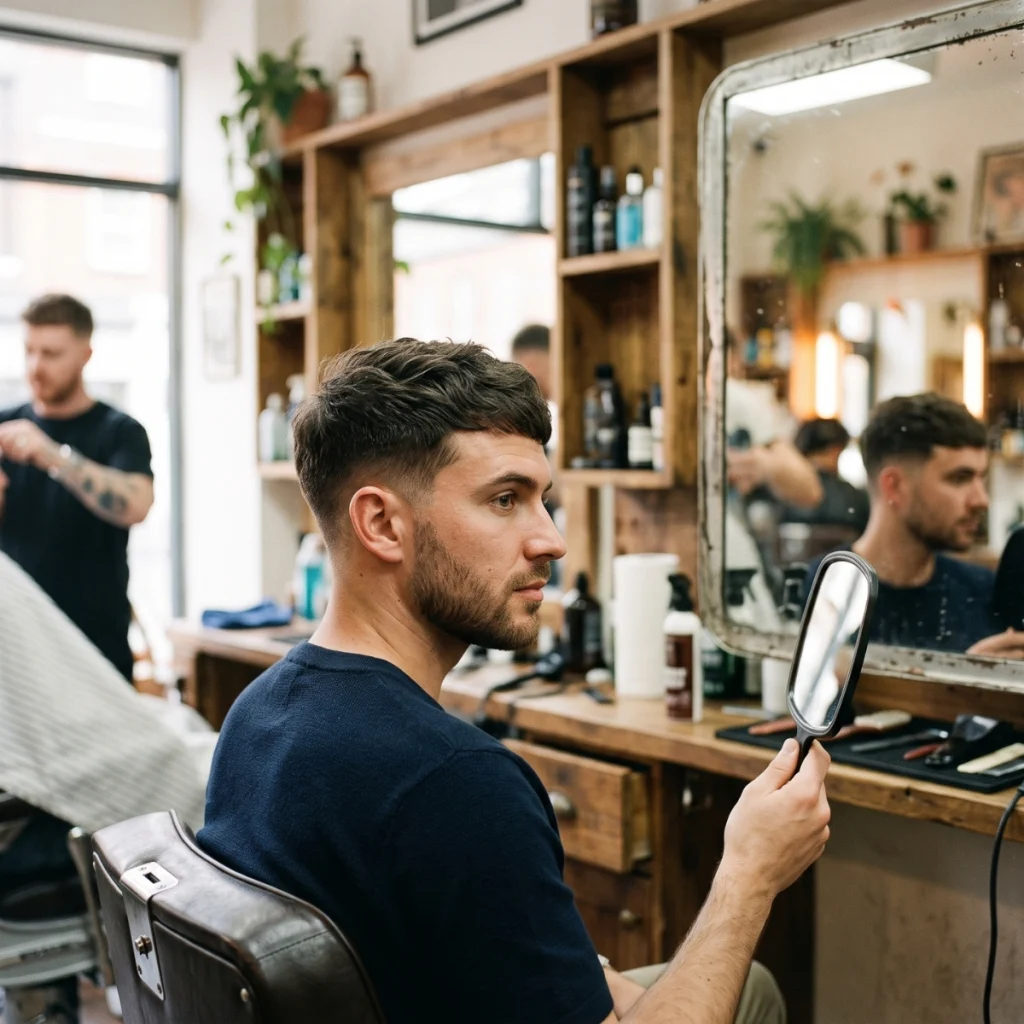 Man checking how his haircut works with his face shape in a barbershop mirror.