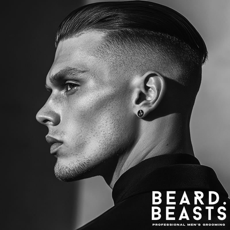 Side profile of a man with a classic disconnected slick back hairstyle, featuring clean lines, a polished top, and a faded undercut—modern men’s grooming 2025.