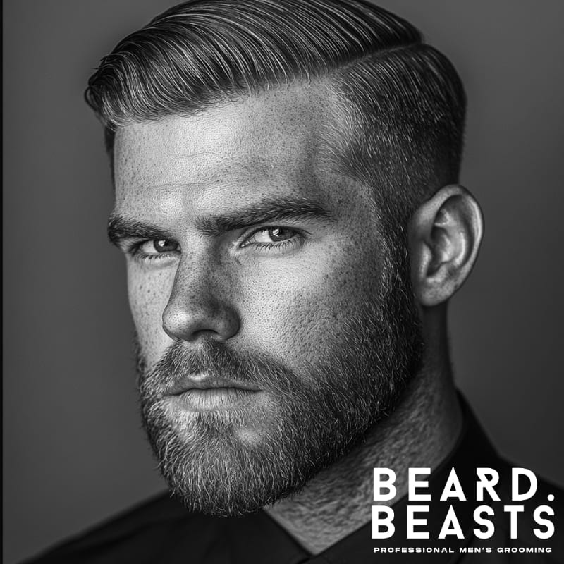 A black-and-white close-up portrait of a man with a classic comb over and beard style. His hair is neatly parted to the side with a smooth, polished finish, and the sides are cleanly tapered. He wears a well-groomed short beard that highlights his strong jawline and facial structure. His intense gaze and sharp features give off a confident, masculine presence. The Beard Beasts logo in the corner emphasizes the brand’s focus on professional men's grooming.