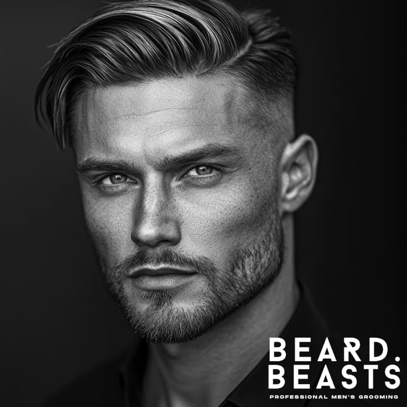 Black and white close-up portrait of a man with a sharp comb over hairstyle and a clean skin fade. His hair is styled with precision, flowing smoothly to one side. He sports a well-defined short beard that accentuates his jawline, creating a modern and masculine look. The lighting highlights the texture of his skin, hair, and beard, while the Beard Beasts logo reinforces the grooming-focused aesthetic.
