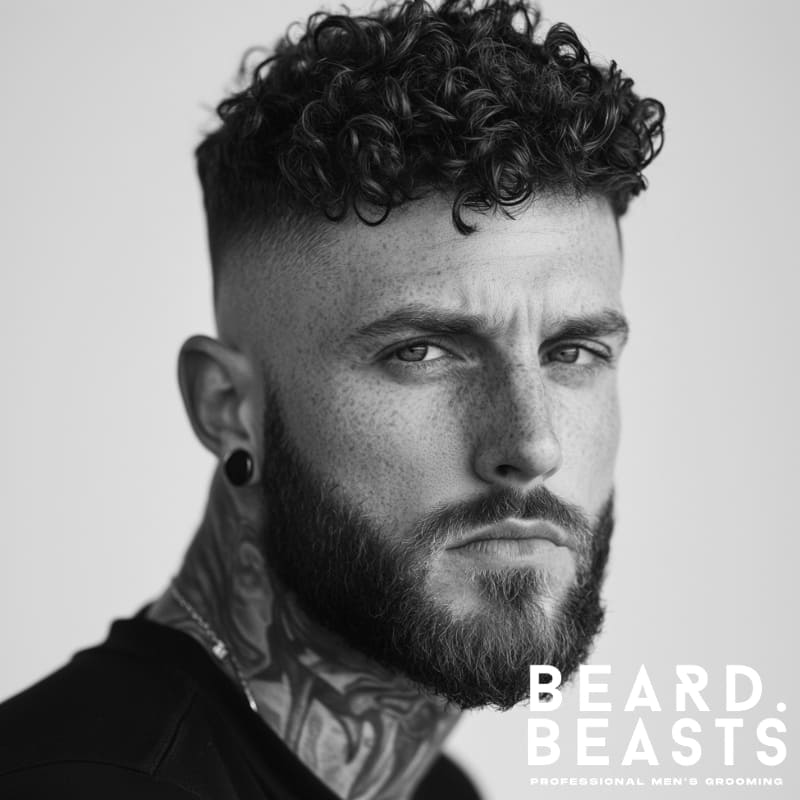 Black and white portrait of a man with a curly undercut fade hairstyle—tight fade with defined short curls and a full beard.