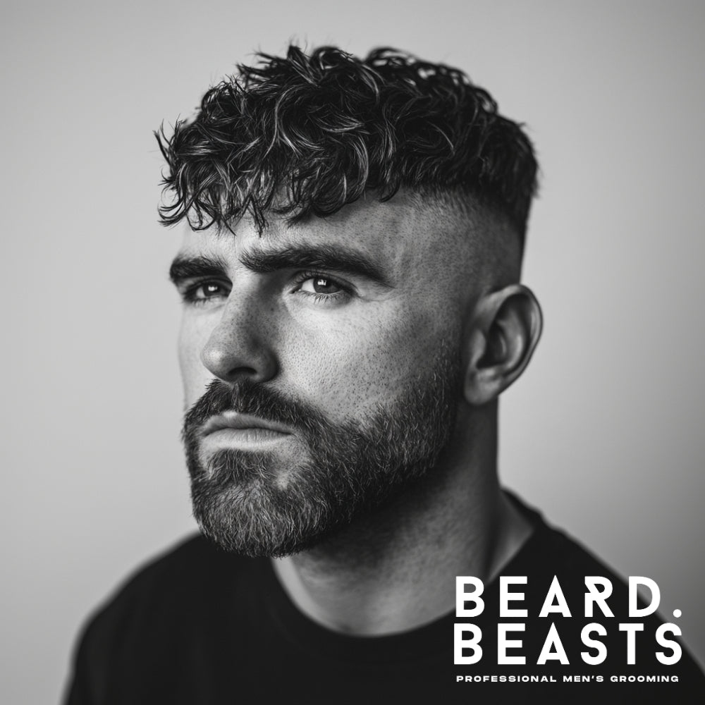 Black and white portrait of a man with a curly messy textured crop haircut featuring a high skin fade. The top hair is styled with natural, tousled curls, creating volume and a relaxed look. The sharp skin fade on the sides provides a clean, modern contrast to the curly top. The man has a well-groomed beard, enhancing the overall stylish and contemporary appearance.