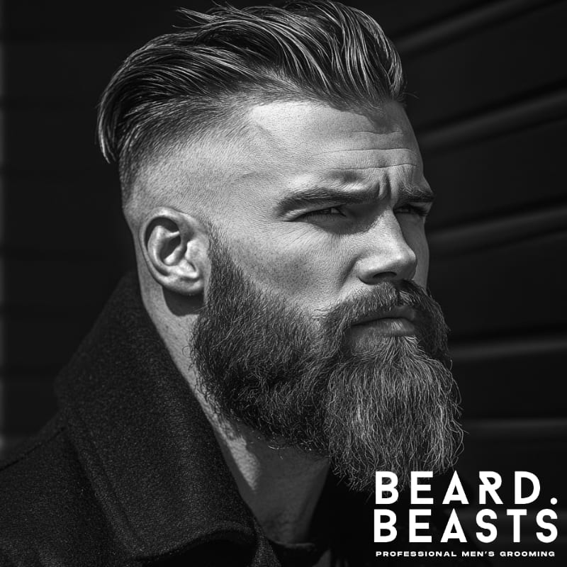 Side profile of a man with a disconnected slick back and full beard, featuring a voluminous top and tight faded sides.