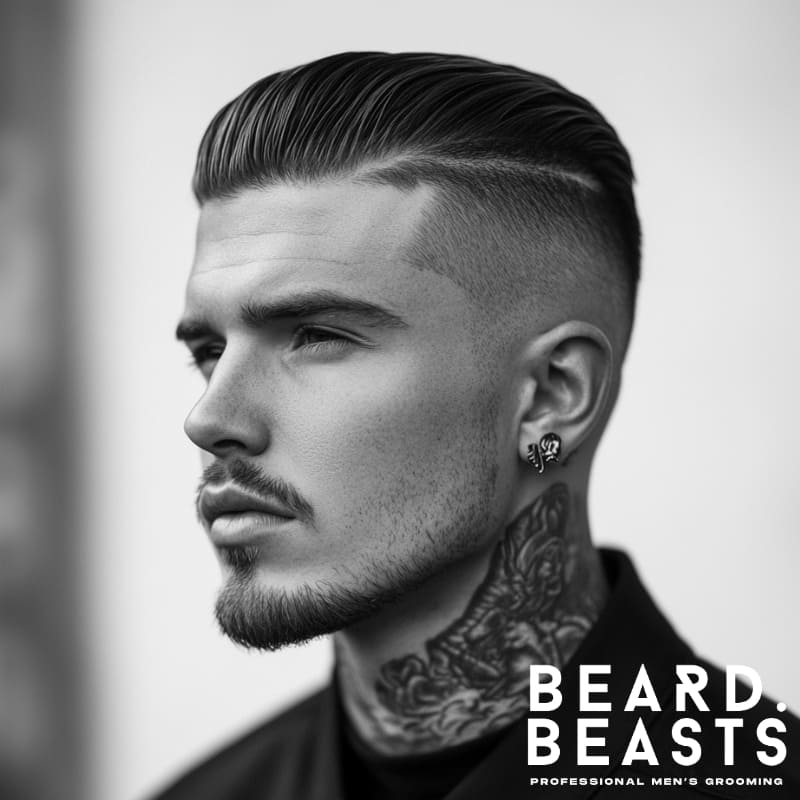 Side portrait of a man with a disconnected slick back and hard part haircut, featuring a high fade and polished finish—modern men’s hairstyle.