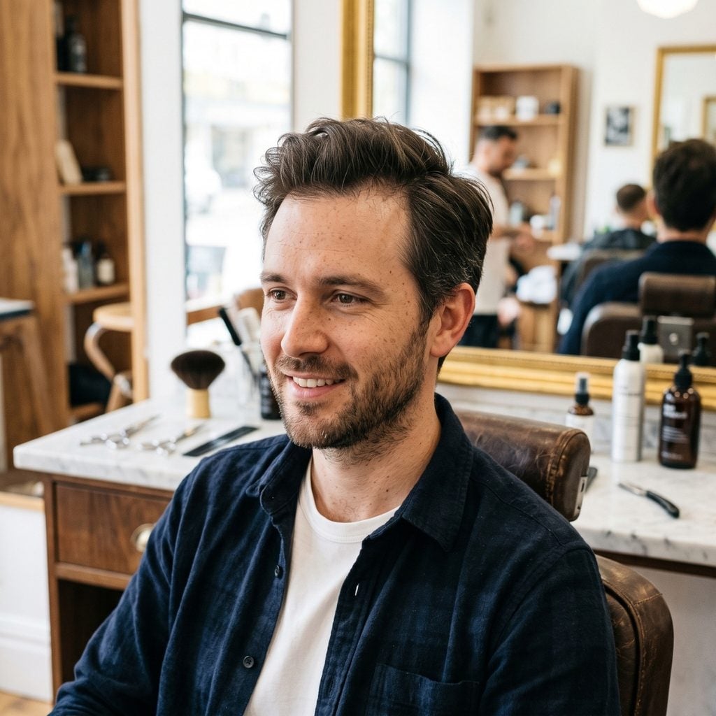 Man with fine or slightly thinning hair styled with moderate lift and natural coverage.