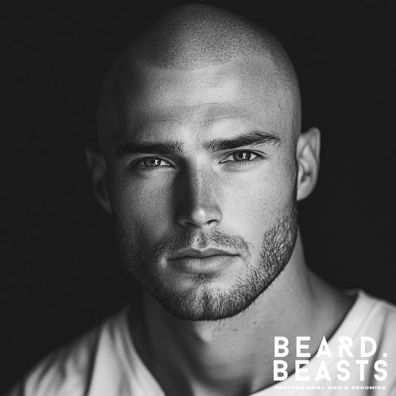 Black and white close-up portrait of a man with an induction cut hairstyle, featuring a clean, ultra-short buzz and a defined beard, wearing a white shirt—showcasing a minimalist grooming style for men, branded with Beard Beasts professional men’s grooming logo.