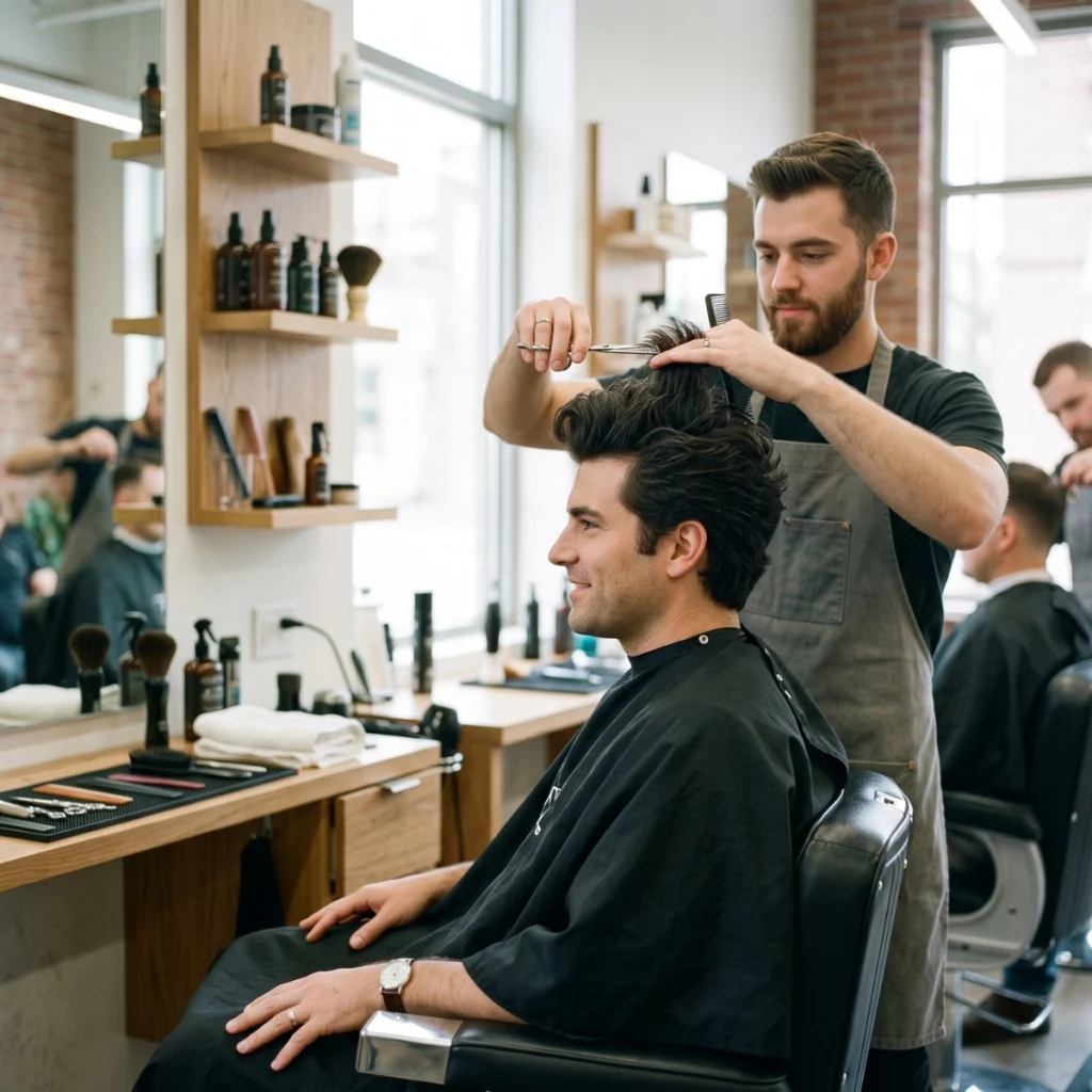 Barber cutting and shaping the top of a man’s hair to help create more volume.