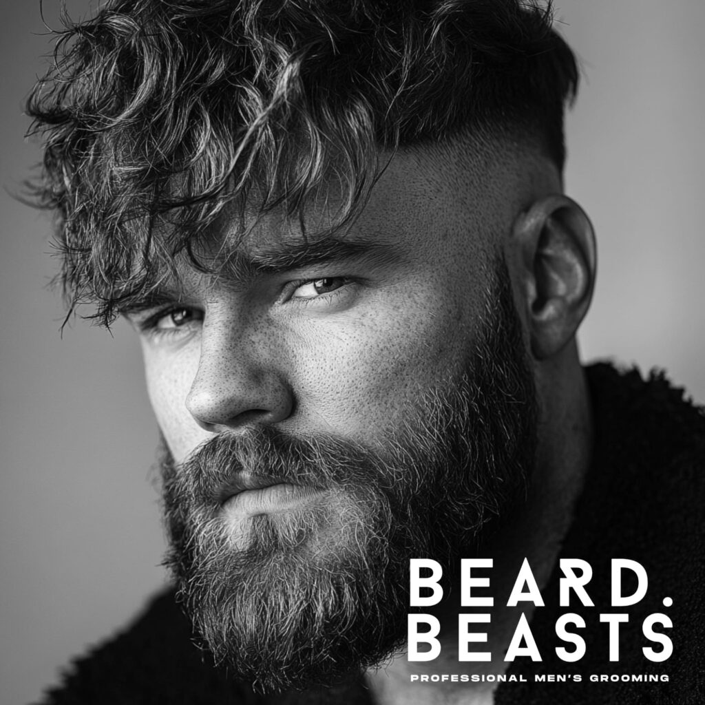 A black and white close-up portrait of a bearded man with a choppy high fade textured fringe hairstyle. His thick, tousled fringe is styled with defined, layered texture, adding depth and movement to the look. The high fade on the sides creates a sharp contrast, drawing attention to the rugged, modern aesthetic.
