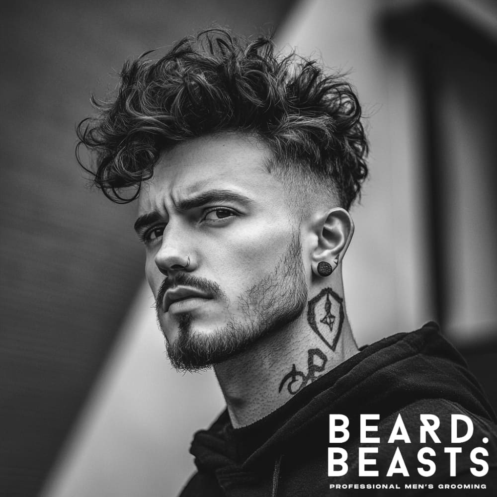 Handsome man with a curly messy pompadour hairstyle, showcasing voluminous, textured curls with a natural and tousled look. The hairstyle features a high fade on the sides, creating a bold contrast with the curly top. The model has a well-groomed beard, visible tattoos, and is wearing a black hoodie, embodying a modern and edgy style.