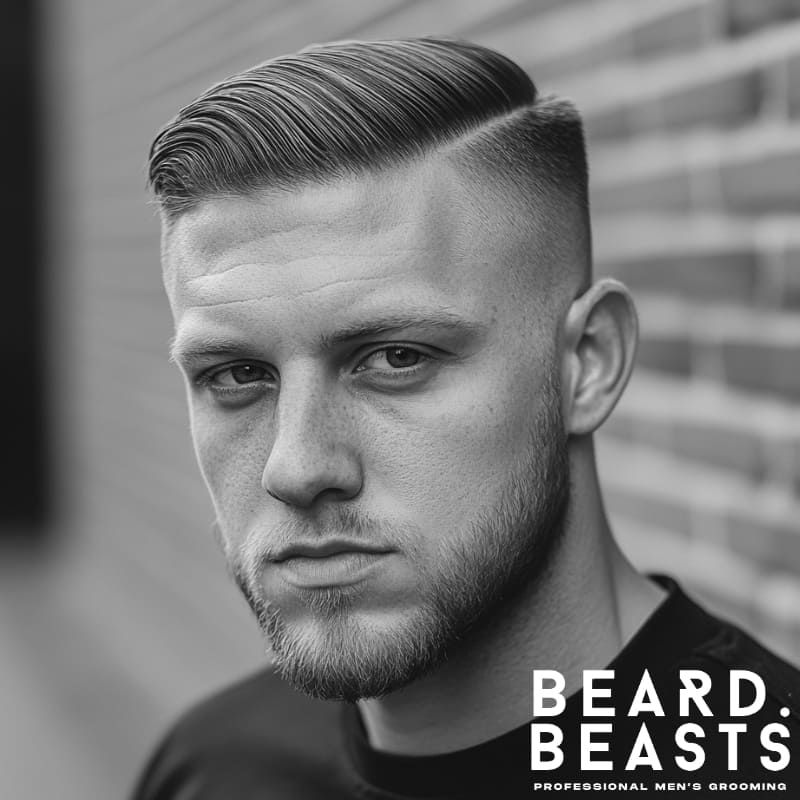 A black and white portrait of a stylish young man with a high drop fade comb-over featuring a bold, defined hard part. His haircut showcases a high fade that smoothly transitions down behind the ear, creating a clean and well-blended drop fade effect. The hard part is sharply shaved, adding a distinct separation between the faded sides and the neatly combed-over top. His hair is styled with a sleek and controlled finish, likely using pomade to maintain structure and hold. He has a well-groomed short beard that enhances the sharpness of his jawline, giving him a masculine and polished look. His facial expression is intense and confident, with a direct gaze. He is wearing a fitted black t-shirt, and the background features a blurred brick wall, providing a textured yet neutral backdrop.