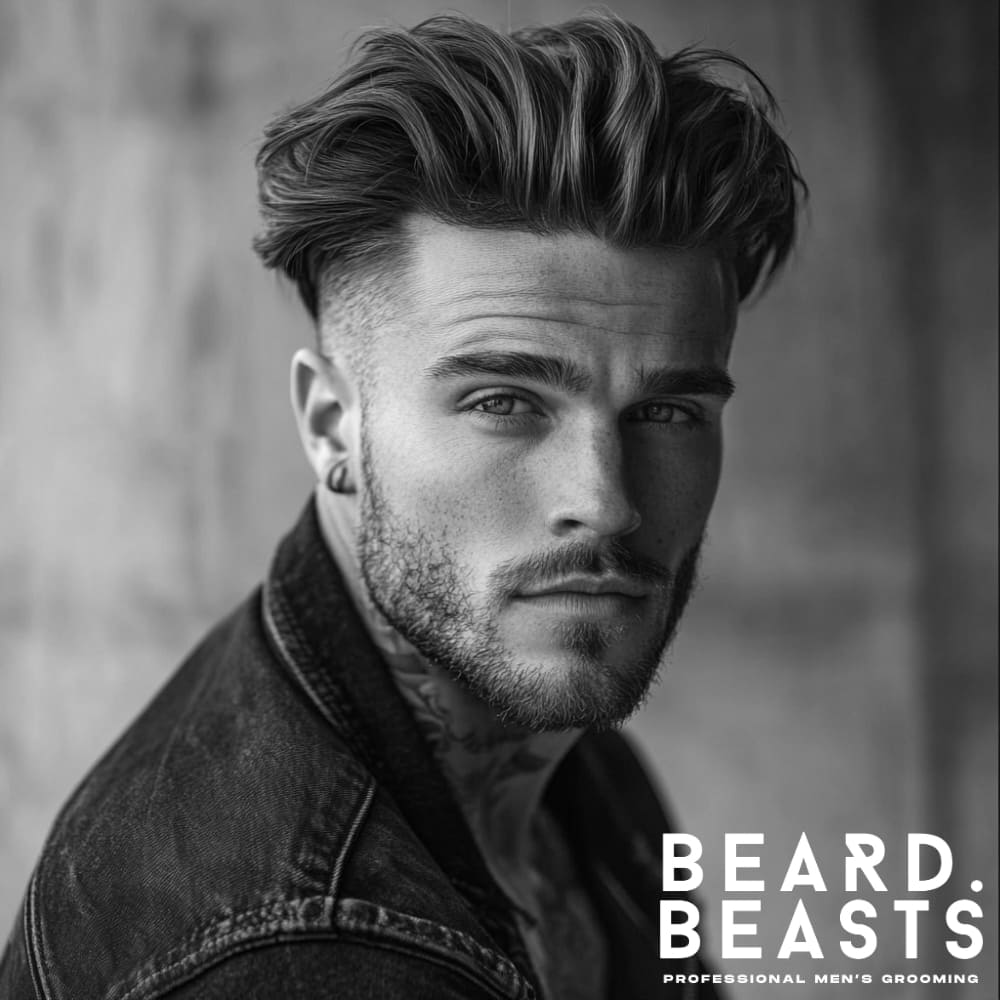 Handsome man with a messy undercut pompadour hairstyle, featuring voluminous and textured hair with natural movement. The model has a well-groomed beard, a confident expression, and wears a black denim jacket. The image embodies a modern and stylish look, representing professional men's grooming by Beard Beasts. The messy pompadour is highlighted with a fade on the sides, adding contrast and edge to the overall hairstyle.