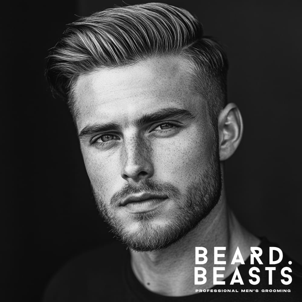 Black and white portrait of a handsome man with a textured side part haircut. The hairstyle features a defined and sharp side part with voluminous, textured hair on top, complemented by short, tapered sides. The man's well-groomed beard enhances the polished and modern look, reflecting the Beard Beasts Professional Men's Grooming brand.