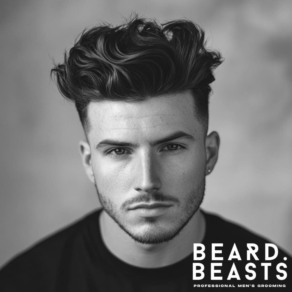 Handsome man with a wavy messy pompadour hairstyle, featuring voluminous and textured hair with natural waves. The hairstyle combines modern style with a relaxed, tousled finish, highlighted by a clean fade on the sides. The model's sharp features and well-groomed appearance complement the bold and stylish look.