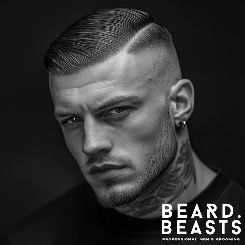 Man with a hard part comb over and high drop fade, featuring a sharp shaved part, slicked top, and clean fade that curves behind the ear.