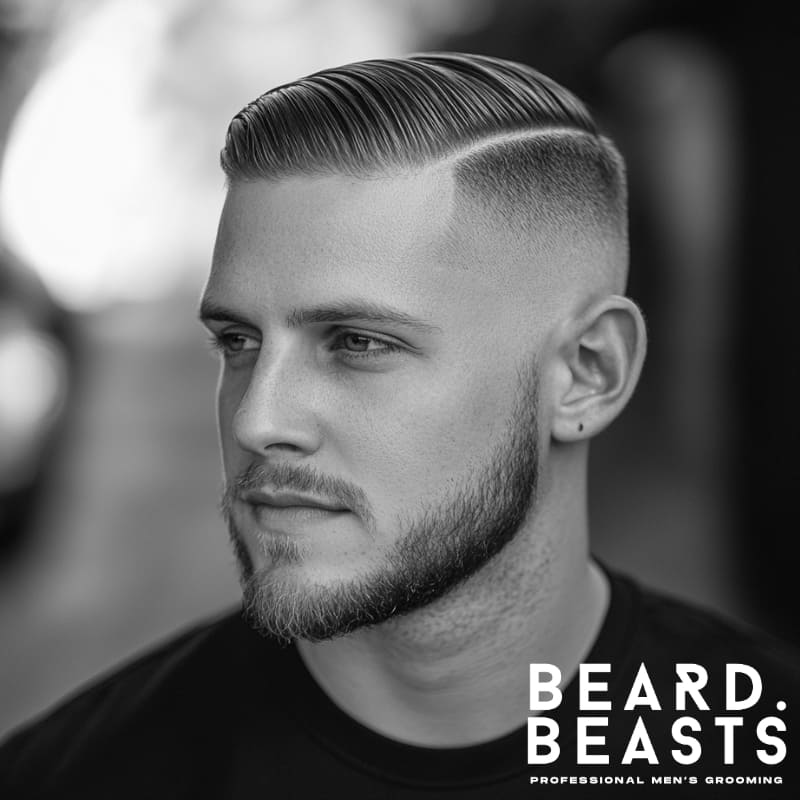 A stylish man with a hard part comb over haircut, featuring a sharp, defined side part and a sleek, neatly combed top. The skin fade seamlessly blends into the sides, creating a bold contrast that enhances the structured look. His well-groomed beard complements the haircut, adding balance and a masculine touch. Captured in black and white, the image exudes sophistication and highlights the clean, polished styling. The