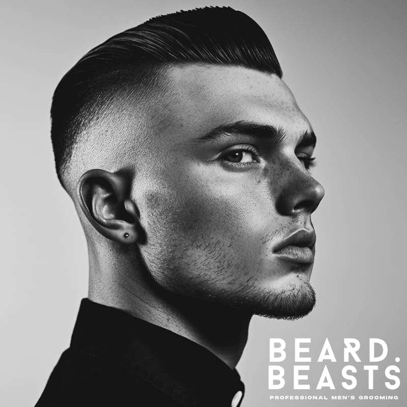 Profile of a man with a high disconnected undercut slick back hairstyle, featuring a dramatic drop from long top to shaved sides.