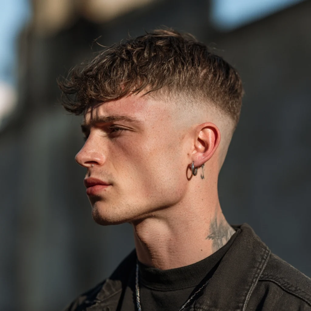 High drop fade crop with a textured top and fade curving lower behind the ear.