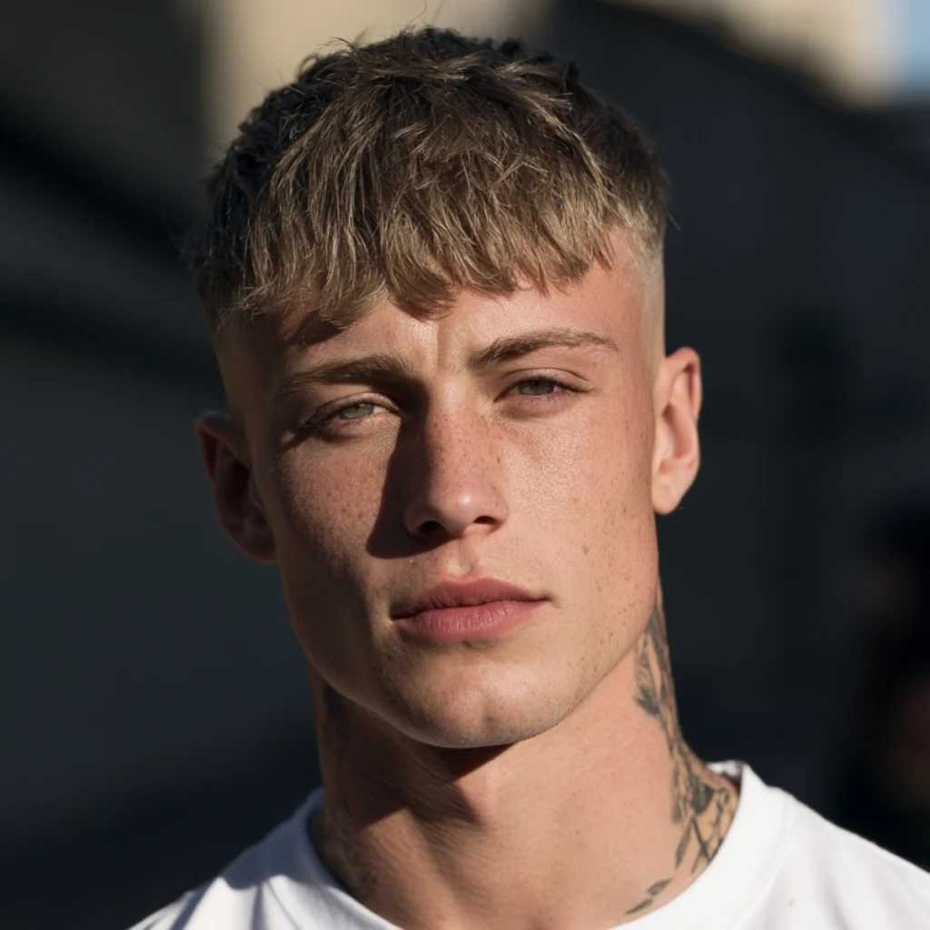 High fade crop with a longer textured fringe falling forward over the forehead.