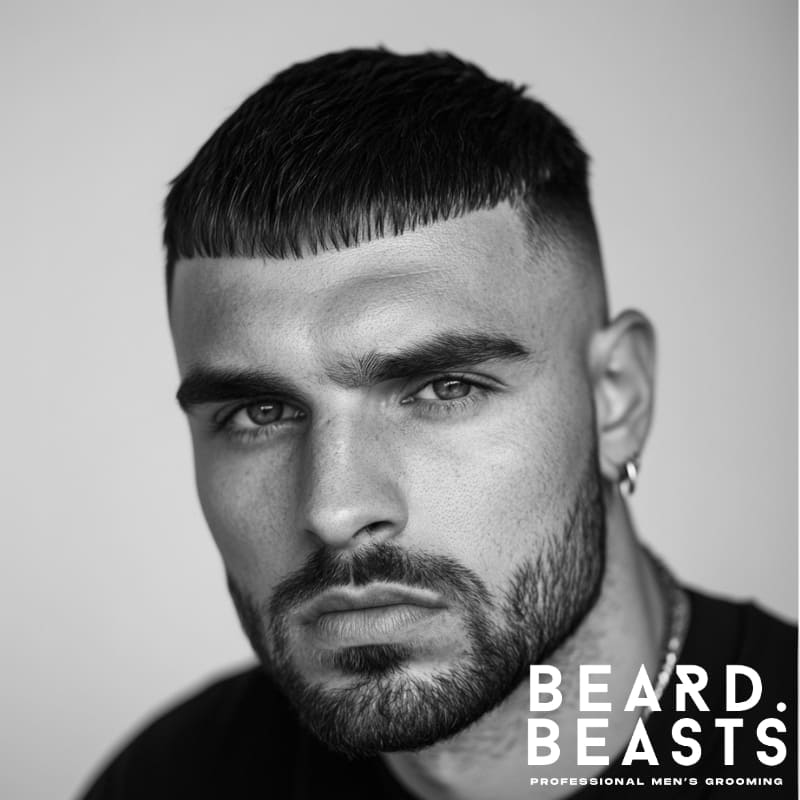 Close-up of a man with a high fade crop top and short blunt fringe, featuring clean faded sides and a structured straight fringe.