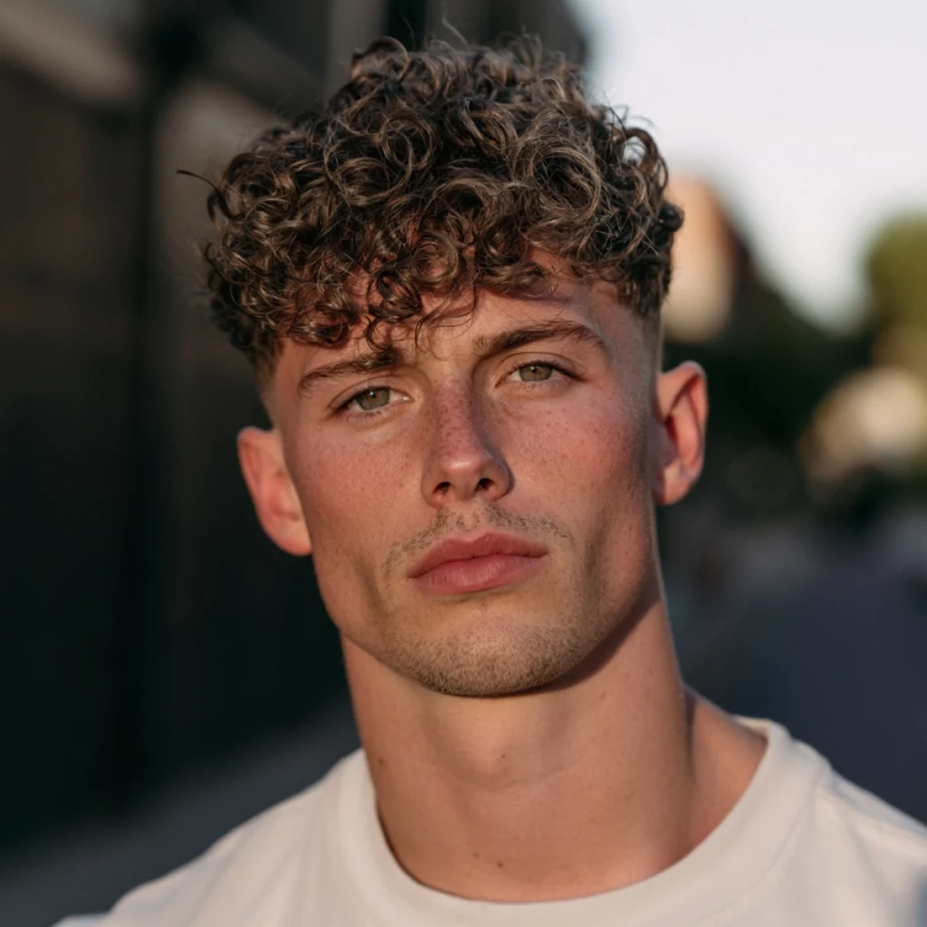 High fade curly crop with defined curls and a short curly fringe.