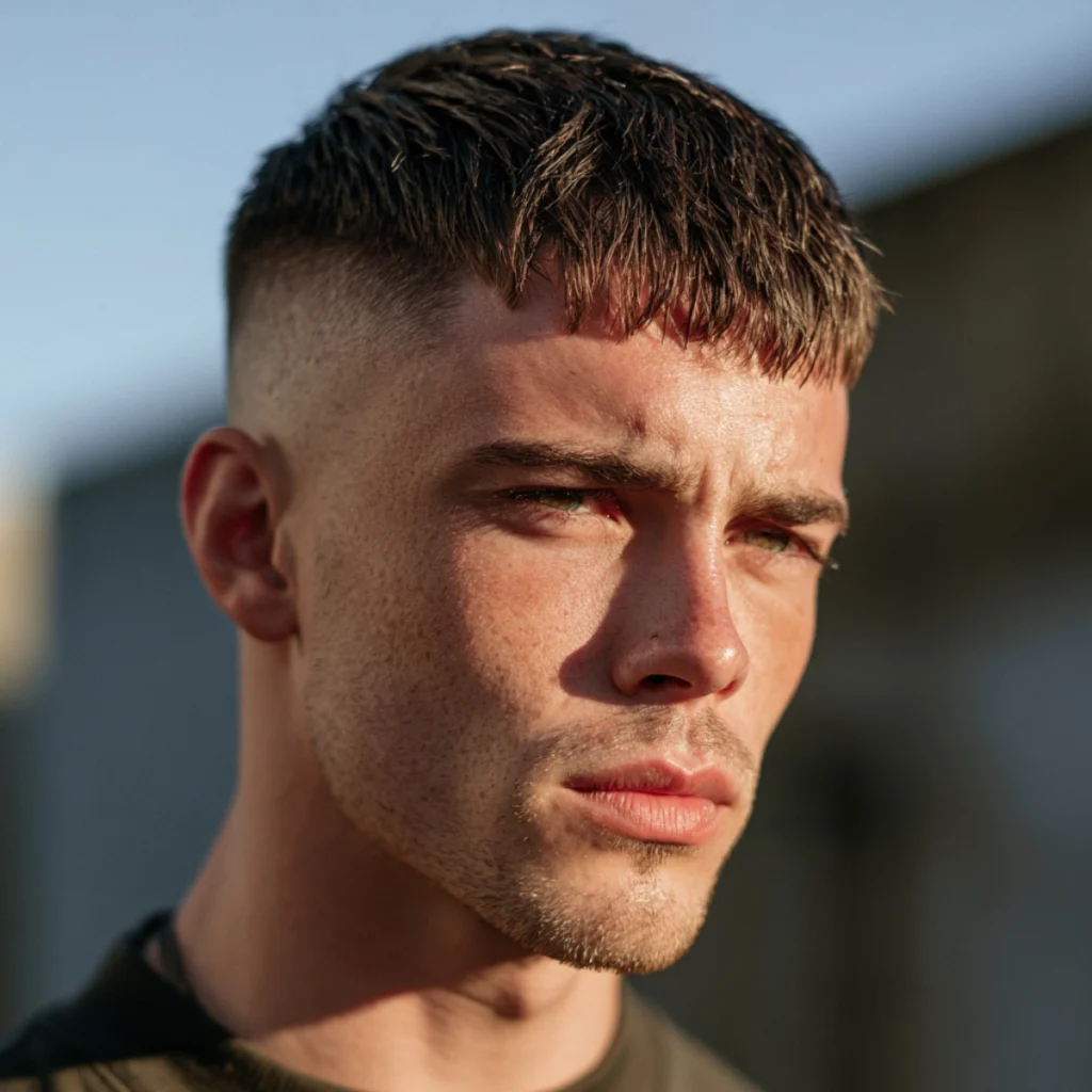 High fade French crop top with a forward fringe and short textured top.