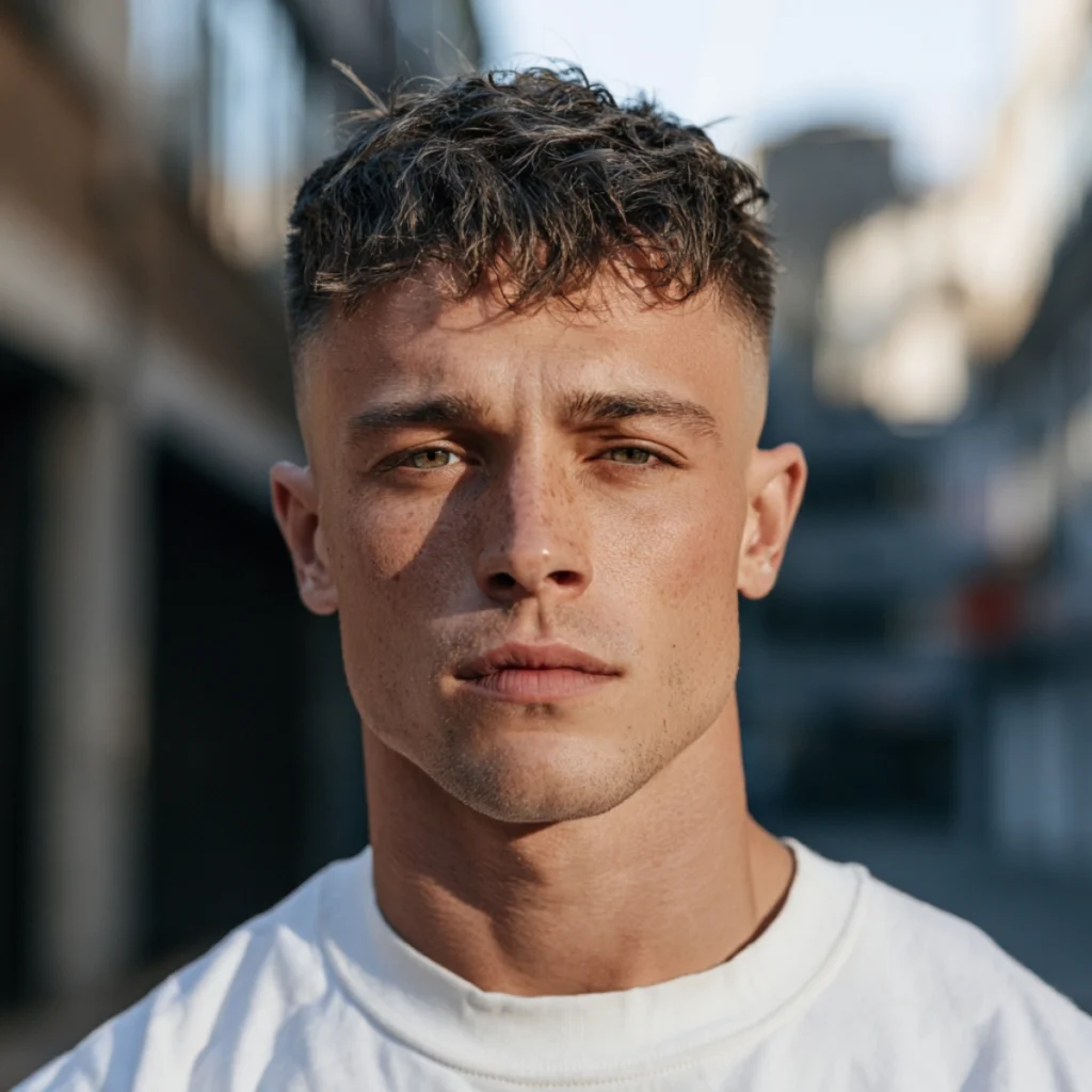 High fade textured crop with choppy texture and a short forward fringe.