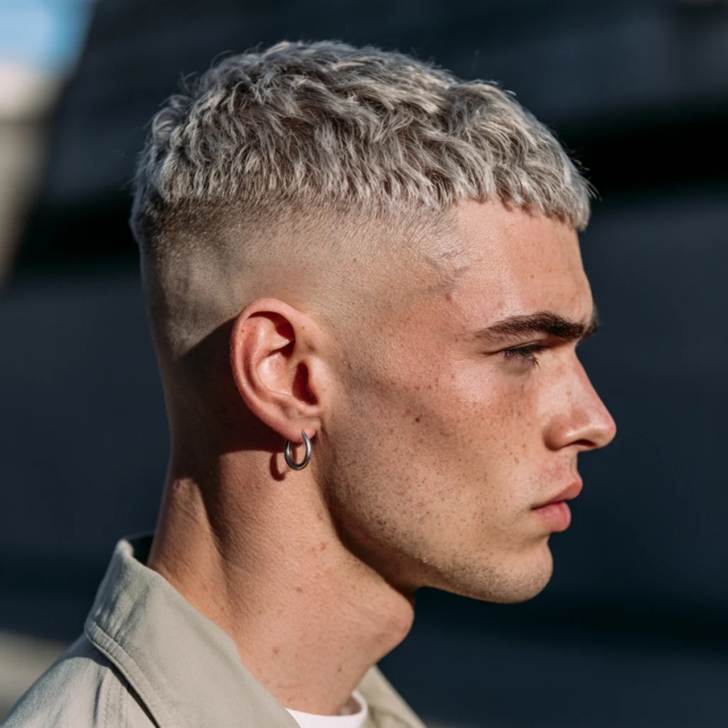 High skin fade crop top with a short textured top and bare skin fade on the sides.