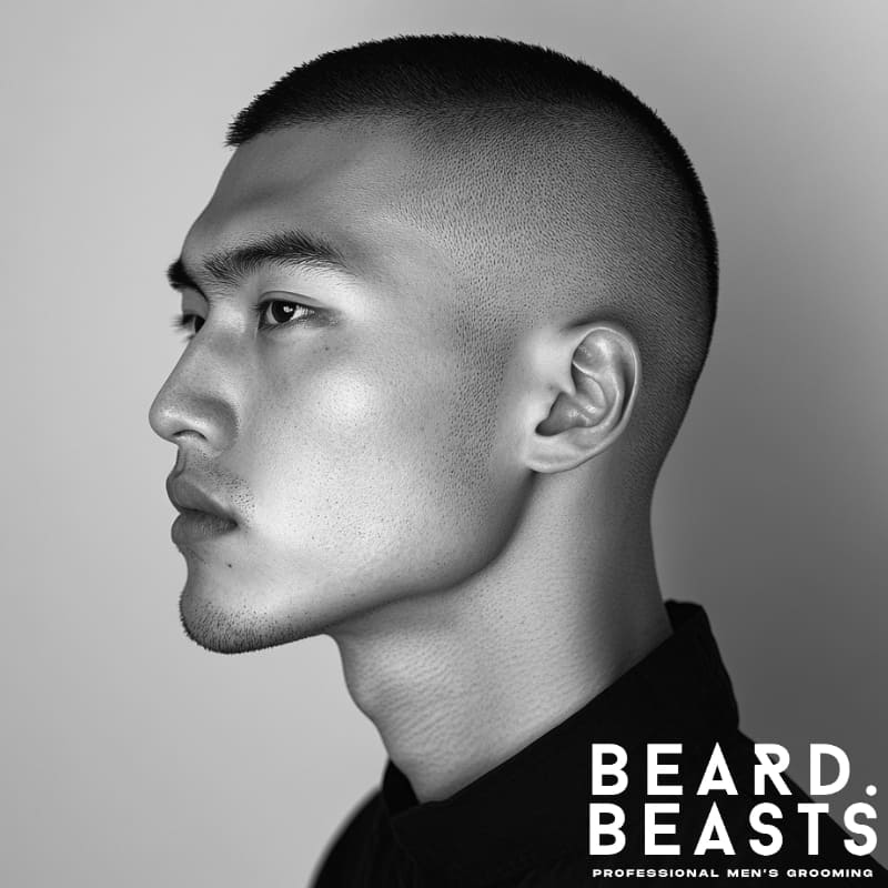 A striking black and white portrait of an Asian man with a high and tight buzz cut, featuring sharply faded sides and a clean, structured top. His strong jawline and defined cheekbones are accentuated by the precise, military-inspired haircut. The even, ultra-short fade creates a bold and modern aesthetic, ideal for a confident and polished look. Wearing a dark high-collared outfit against a neutral background, he exudes a professional and sophisticated presence.