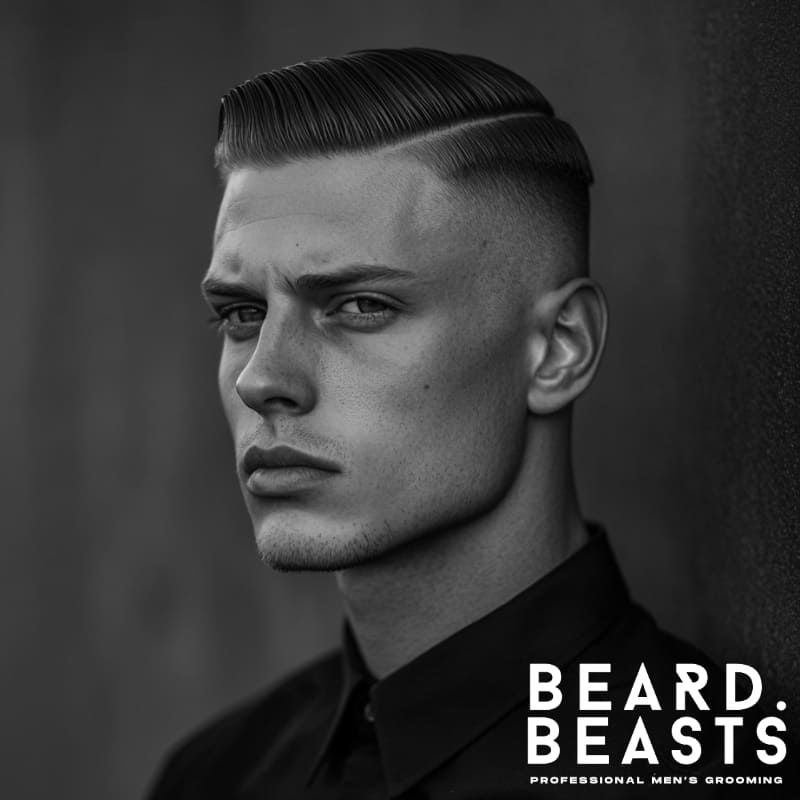 A sharp and modern high fade comb over haircut, featuring a sleek, neatly combed top with a defined side part and a high-contrast fade. The clean, precise styling enhances the structured look, exuding confidence and sophistication. Dressed in a black button-up shirt against a dark background, the monochrome composition highlights the crisp lines and polished finish of the haircut. The strong jawline and well-groomed facial hair add to the bold, masculine appeal. The