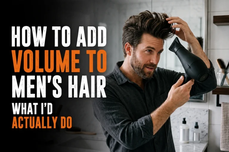 Man blow-drying his hair to add volume for a guide on how to add volume to men’s hair.