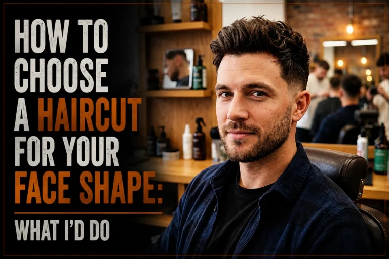 How to choose a haircut for your face shape, with a man showing a textured haircut in a barbershop.
