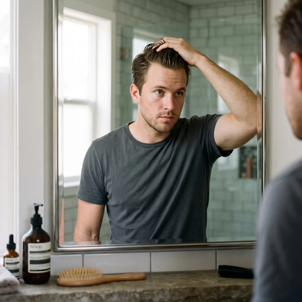Man pulling his hair back while checking his face shape in a bathroom mirror.