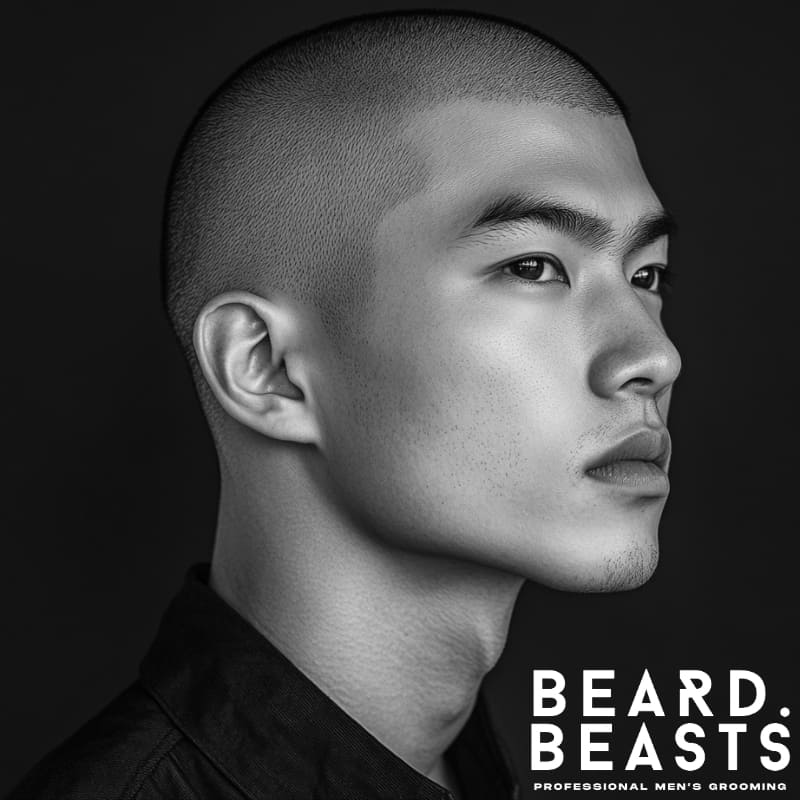 A striking black and white portrait of an Asian man with a sleek induction buzz cut, showcasing sharp facial features and a clean, modern aesthetic. His short, even-length hair enhances his structured jawline and defined cheekbones, creating a bold yet effortless look. The high-contrast lighting emphasizes the smooth texture of his skin and the precise hairline detailing. Dressed in a dark collared shirt against a deep black background, he exudes confidence and sophistication.