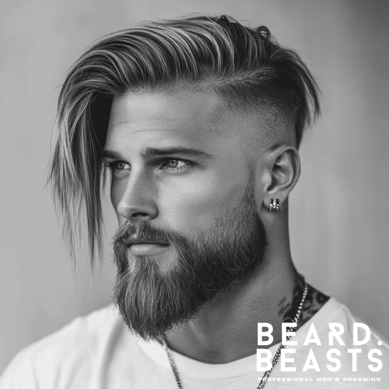 A black-and-white image of a man with a dramatic long comb over hairstyle paired with a full, well-groomed beard. His hair is voluminous and swept far to one side, with a pronounced undercut that emphasizes the contrast between the long top and closely shaved sides. The beard adds rugged balance to the sharp hairstyle, creating a bold and stylish comb over and beard style. He wears a white shirt and visible earrings, giving the look a modern, edgy twist.