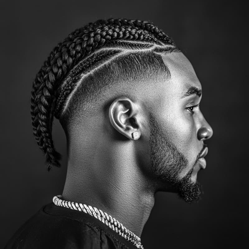 A black-and-white side profile portrait of a Black man with a high drop fade with braids. The haircut features a sharp, high fade that tapers smoothly around the sides and back, creating a clean and structured look. The top is styled into neatly sectioned braids, which extend toward the back, adding texture and contrast to the fade. He has a precisely shaped beard, wears a diamond stud earring, and a thick chain necklace, enhancing the bold and stylish aesthetic. The dark background keeps the focus on the intricate details of the haircut.