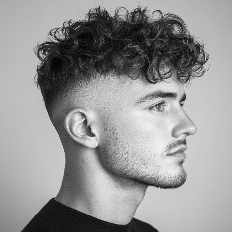 A black-and-white side profile portrait of a young man with a high drop fade with a curly top. His haircut features a clean, high fade that gradually drops behind the ears, creating a smooth transition from skin to hair. The top is left long with thick, voluminous curls, adding texture and movement. He has neatly groomed stubble, complementing the structured look of the fade. The background is minimalistic, keeping the focus on the sharp details of the haircut.