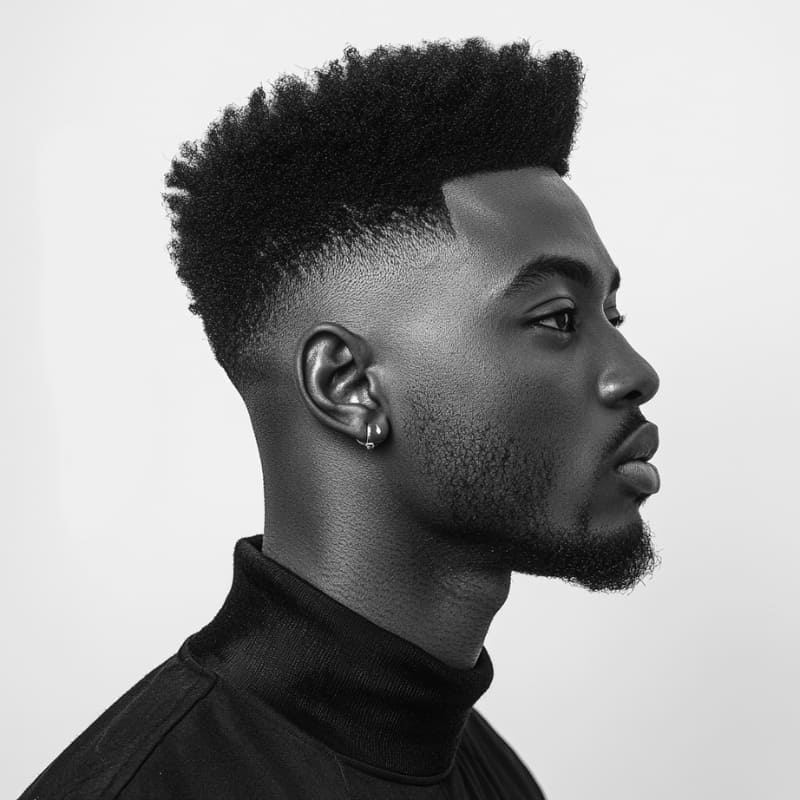 A black-and-white side profile portrait of a Black man with a high drop fade with a high top. His haircut features a sharp, well-defined high fade that curves around the sides and back, blending seamlessly into the skin. The top is styled into a structured, voluminous high top with a natural afro texture. He has a neatly shaped beard and wears a black turtleneck, enhancing the clean and modern aesthetic. The background is minimalistic, focusing attention on the sharp details of the haircut.