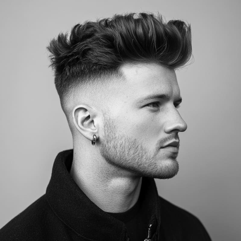 A black-and-white side profile portrait of a young man with a high drop fade with a quiff. His haircut features a sharp, high fade that smoothly tapers around the sides and back, creating a clean and structured look. The top is styled into a voluminous, textured quiff, adding height and movement for a modern and stylish finish. He has neatly trimmed stubble and wears a dark jacket with a slightly raised collar, enhancing the contemporary and well-groomed aesthetic. The neutral background keeps the focus on the sharp details of the hairstyle.
