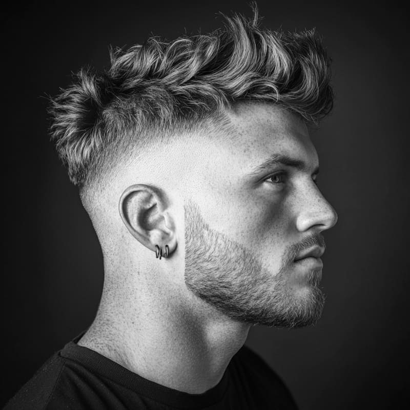 A black-and-white side profile portrait of a young man with a high drop fade with a textured top. His haircut features a sharp, high fade that smoothly tapers around the sides and back, creating a clean and structured look. The top is styled with choppy, voluminous layers, giving it a messy yet controlled texture for a modern and edgy appearance. He has a well-defined beard, neatly shaped to complement the sharpness of the fade, and wears small hoop earrings. The dark background enhances the contrast, drawing attention to the precise details of the hairstyle.