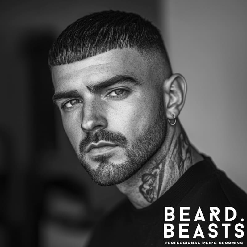 A black and white portrait of a man with a high fade haircut with a Caesar cut, featuring a sharp, structured fringe styled forward. The high fade blends seamlessly into the short, textured top, creating a bold and clean look. His well-groomed beard and sharp jawline complement the edgy hairstyle, while his neck tattoo and hoop earring add a modern, stylish touch. He wears a black crew-neck shirt, enhancing the contrast of the crisp fade.