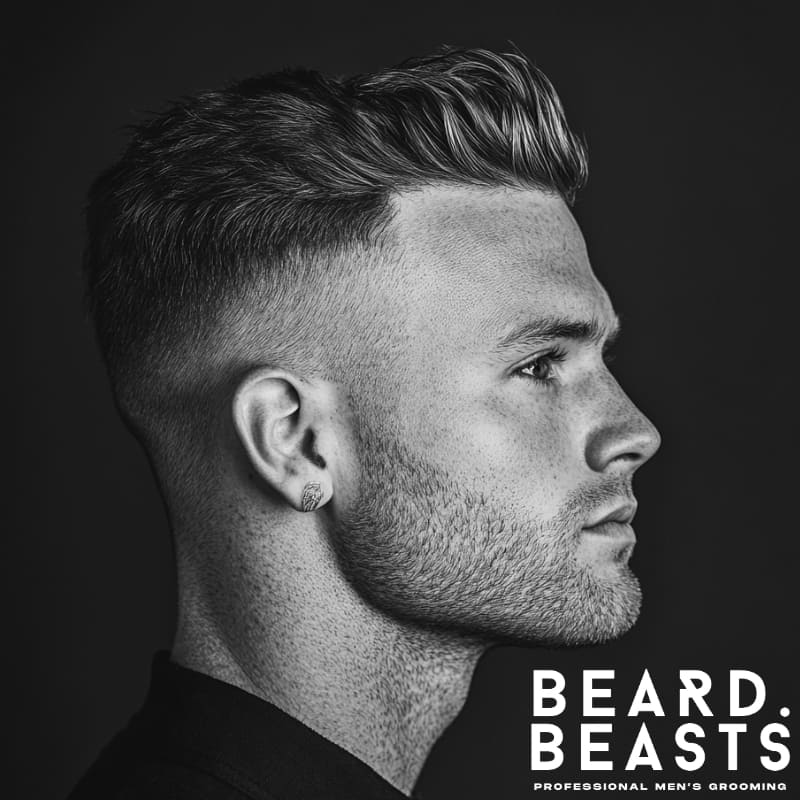 A black and white side-profile portrait of a man with a high fade haircut with short hair, styled with a textured quiff. The haircut features a sharp high fade on the sides, blending seamlessly into the short, voluminous top. His well-groomed stubble enhances the structured and masculine appearance. He is wearing a black collared shirt and a subtle earring, adding to the modern and stylish aesthetic.