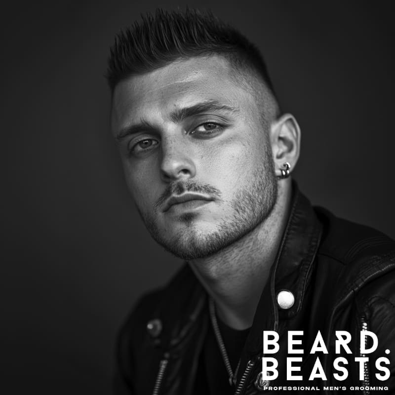 A black and white portrait of a man with a high fade haircut with short spiky hair, styled with a sharp, edgy look. The high fade creates a clean contrast on the sides, while the textured spikes on top add volume and definition. His light stubble and strong jawline enhance the masculine appearance, complemented by a hoop earring. He wears a black leather jacket and a necklace, giving off a confident and stylish aesthetic.